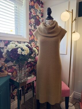 Michael Kors Camel Ribbed Cowl Neck Sleeveless Sweater Dress